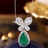 14k Gold 3.62 Ctw Vivid Green Natural Emerald & Diamond Necklace