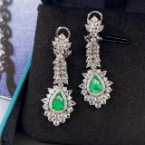 14k Gold 1.20 Ctw Vivid Green Natural Emerald & Diamond Earrings