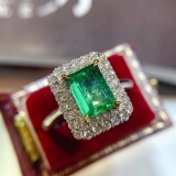 14k Gold 1.86 Ctw Intense Green Natural Emerald & Diamond Ring