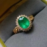 14k Gold 2.23 Ctw Vivid Green Natural Emerald & Diamond Ring