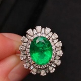 14k Gold 3.67 Ctw Vivid Green Natural Emerald & Diamond Ring