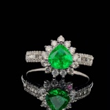 14k Gold 1.36 Ctw Vivid Green Natural Emerald & Diamond Ring