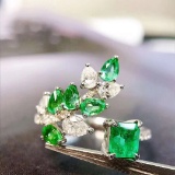14k Gold 0.87 Ctw Vivid Green Natural Emerald & Diamond Ring