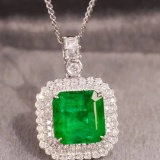 14k Gold 2.32 Ctw Vivid Green Natural Emerald & Diamond Pendant