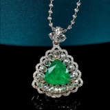14k Gold 2.63 Ctw Vivid Green Natural Emerald & Diamond Pendant