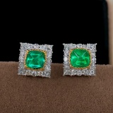 14k Gold 1.74 Ctw Intense Green Natural Emerald & Diamond Earrings