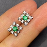 14k Gold 0.36 Ct Vivid Green Natural Emerald & Diamond Earrings