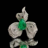 14k Gold 2.56 Ctw Vivid Green Natural Emerald & Diamond Ring