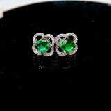 14k Gold 1.38 Ct Vivid Green Natural Emerald & Diamond Earrings