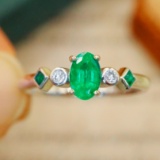 14k Gold 0.54 Ctw Vivid Green Natural Emerald & Diamond Ring