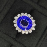 14k Gold 8.24 Ctw Vivid Blue Natural Tanzanite & Diamond Ring