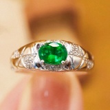 14k Gold 0.67 Ctw Vivid Green Natural Emerald & Diamond Ring
