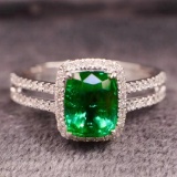 14k Gold 1.57 Ctw Vivid Green Natural Emerald & Diamond Ring