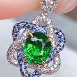 14k Gold 1.52 Ct Vivid Green Natural Tsavorite & Diamond & Sapphire Pendant
