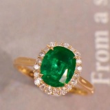 14k Gold 2.21 Ctw Vivid Green Natural Emerald & Diamond Ring