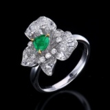 14k Gold 0.8 Ctw Vivid Green Natural Emerald & Diamond Ring