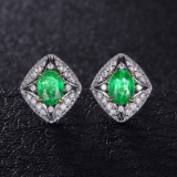 14k Gold 2.57 Ctw Vivid Green Natural Emerald & Diamond Earrings