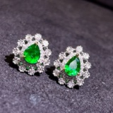 14k Gold 0.82 Ctw Vivid Green Natural Emerald & Diamond Earrings
