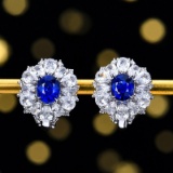 14k Gold 1.32 Ctw Vivid Blue Natural Sapphire & Diamond Earrings