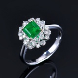 14k Gold 1.34 Ctw Vivid Green Natural Emerald & Diamond Ring