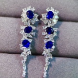 14k Gold 4.37 Ctw Vivid Blue Natural Sapphire & Sapphire Earrings
