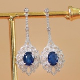 14k Gold 2.96 Ctw Vivid Blue Natural Sapphire & Diamond Earrings