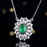 14k Gold 0.49 Ct Intense Green Natural Emerald & Diamond Necklace