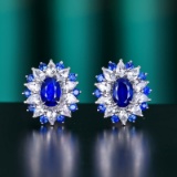 14k Gold 3.12 Ctw Vivid Blue Natural Sapphire & Sapphire Earrings