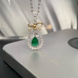 14k Gold 0.81 Ctw Vivid Green Natural Emerald & Diamond Necklace
