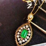 14k Gold 0.78 Ctw Vivid Green Natural Emerald & Diamond Pendant