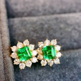 14k Gold 0.93 Ctw Vivid Green Natural Emerald & Diamond Earrings