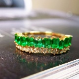 14k Gold 1.59 Ctw Vivid Green Natural Emerald & Diamond Ring