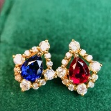14k Gold 1.02 Ctw Vivid Red Natural Ruby & Sapphire & Diamond Earrings
