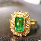 14k Gold 1.19 Ctw Vivid Green Natural Emerald & Diamond Ring