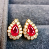 14k Gold 1.24 Ctw Vivid Red Natural Ruby & Diamond Earrings