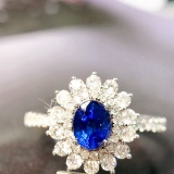 14k Gold 1.30 Ctw Vivid Blue Natural Sapphire & Diamond Ring