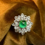 14k Gold 4.46 Ctw Intense Green Natural Emerald & Diamond Ring