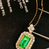 14k Gold 1.00 Ctw Vivid Green Natural Emerald & Diamond Necklace