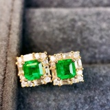 14k Gold 0.83 Ctw Vivid Green Natural Emerald & Diamond Earrings