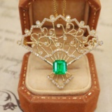 14k Gold 1.28 Ctw Vivid Green Natural Emerald & Diamond Brooch/pendant