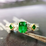 14k Gold 0.50 Ctw Vivid Green Natural Emerald & Diamond Ring
