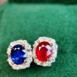 14k Gold 1.35 Ctw Vivid Red Natural Ruby & Sapphire & Diamond Earrings