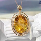 14k Gold 19.50 Ct Natural Citrine & Diamond Pendant