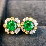 14k Gold 0.59 Ctw Vivid Green Natural Emerald & Diamond Earrings