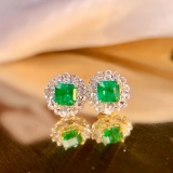 14k Gold 1.35 Ct Vivid Green Natural Emerald & Diamond Earrings