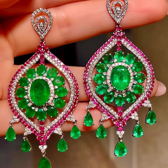 14k Gold 21.00 Ctw Vivid Green Natural Emerald & Ruby Earrings