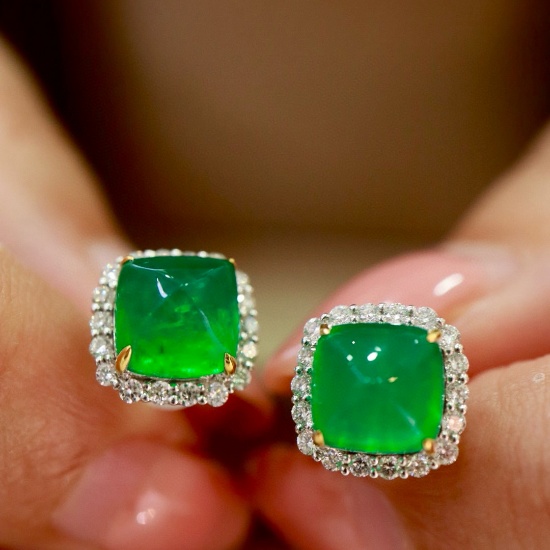 14k Gold 4.57 Ctw Vivid Green Natural Emerald & Diamond Earrings