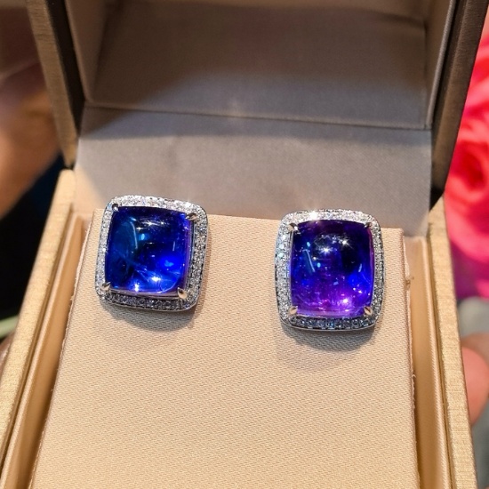 14k Gold 16.54 Ctw Vivid Blue Natural Tanzanite & Diamond Earrings