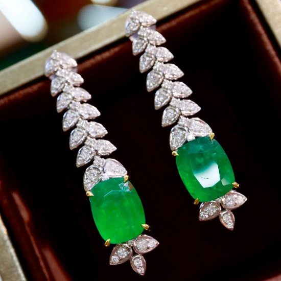 14k Gold 7.01 Ctw Vivid Green Natural Emerald & Diamond Earrings