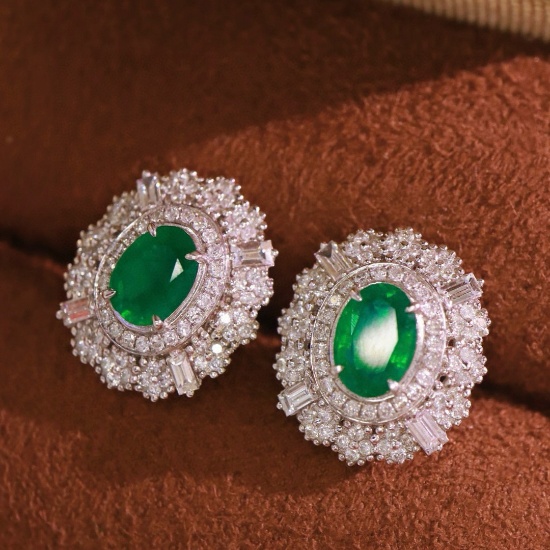 14k Gold 3.42 Ctw Vivid Green Natural Emerald & Diamond Earrings